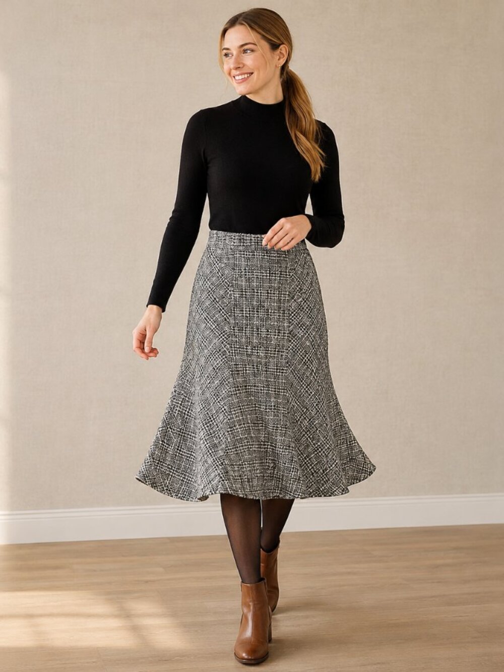 YZZA Houndstooth Print Black & White Flare Midi Skirt Elastic Waist Small